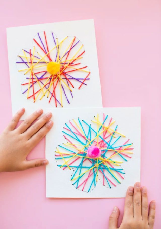 Kid Made DIY String Art Flower Cards